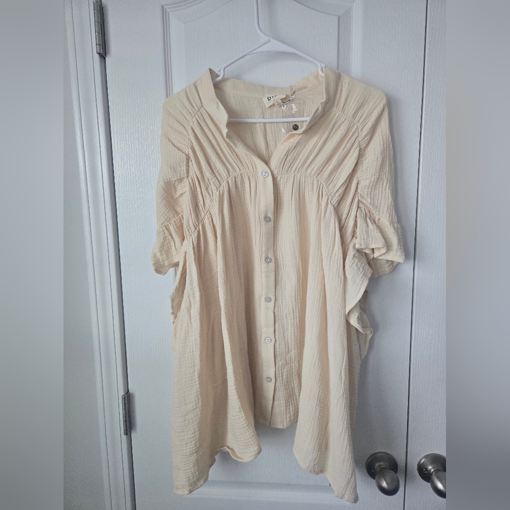 Bibi Beige Button-Down Women's Shirt Size Small, Oversized NWT